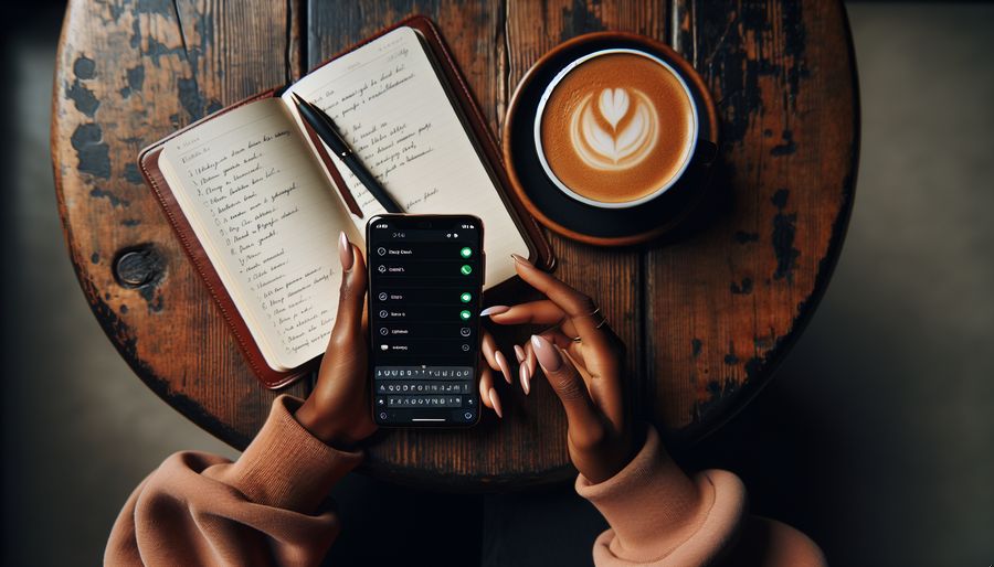 Hands on phone with notebook and coffee