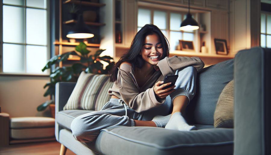 Woman on sofa smiling at phone