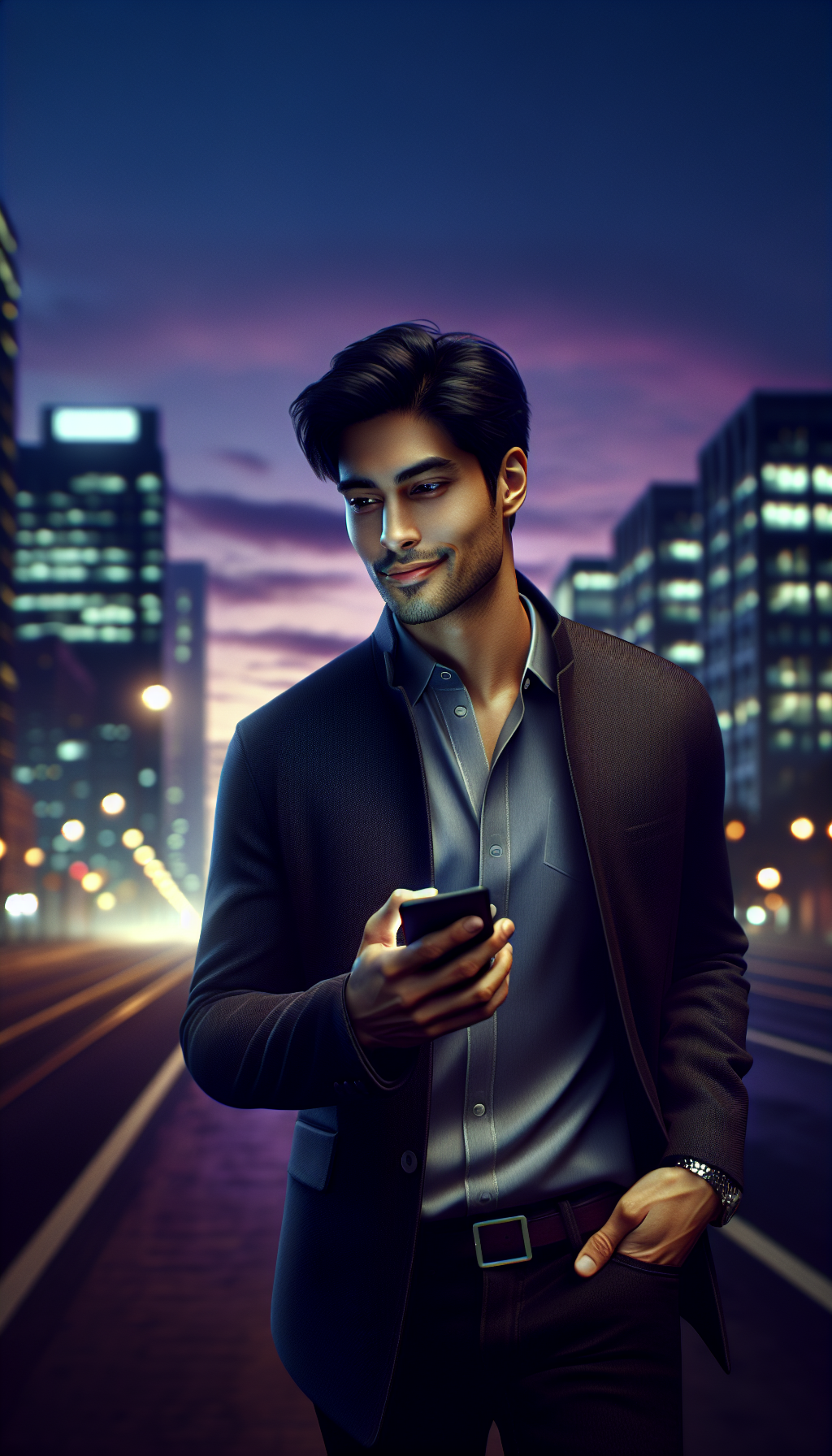Man using phone in the city at dusk