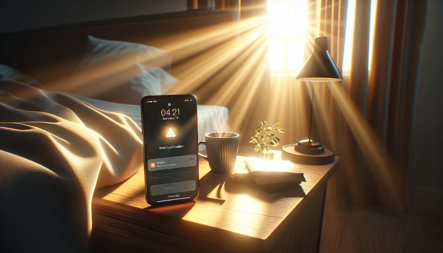 Phone notification on bedside table at sunrise