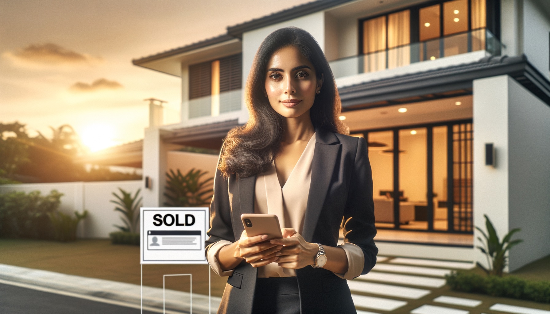 Agent immobilier avec téléphone devant une maison moderne