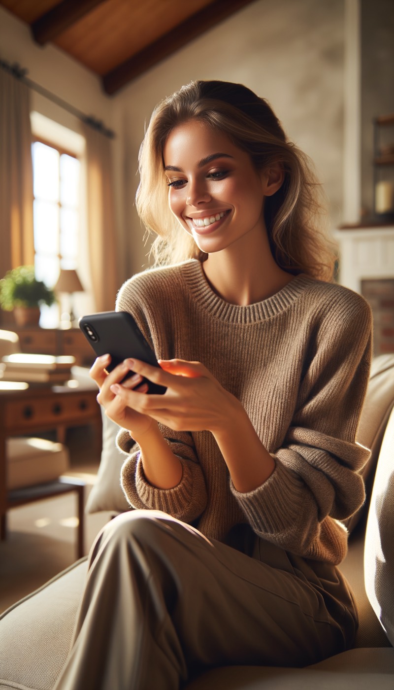Woman walking on city sidewalk checking her phone