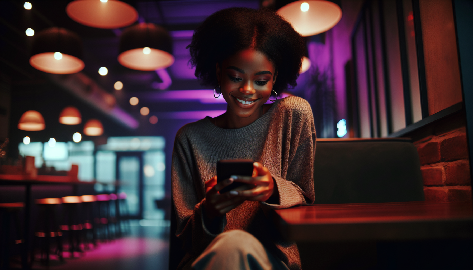 Woman smiling while using phone in cafe